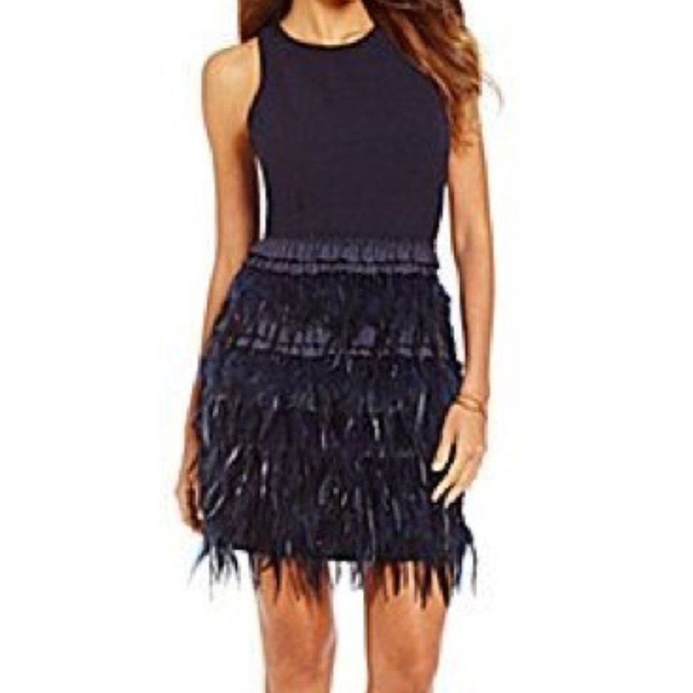 Gianni Bini Navy Crepe, Ultrasuede Ruffle and Feather Mini Dress - Sz 6